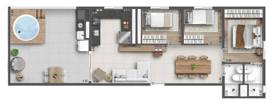 Planta ilustrativa de 80 m², 3 dorms com suíte · cobertura, do Hug Serenity Dom Bosco