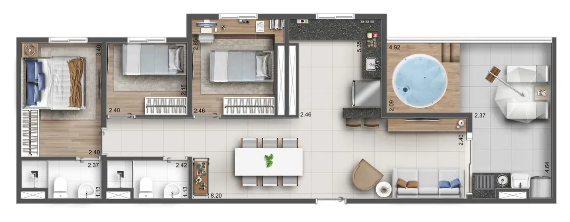 Planta ilustrativa de 81 m², 3 dorms com suíte · cobertura, do Hug Serenity Dom Bosco