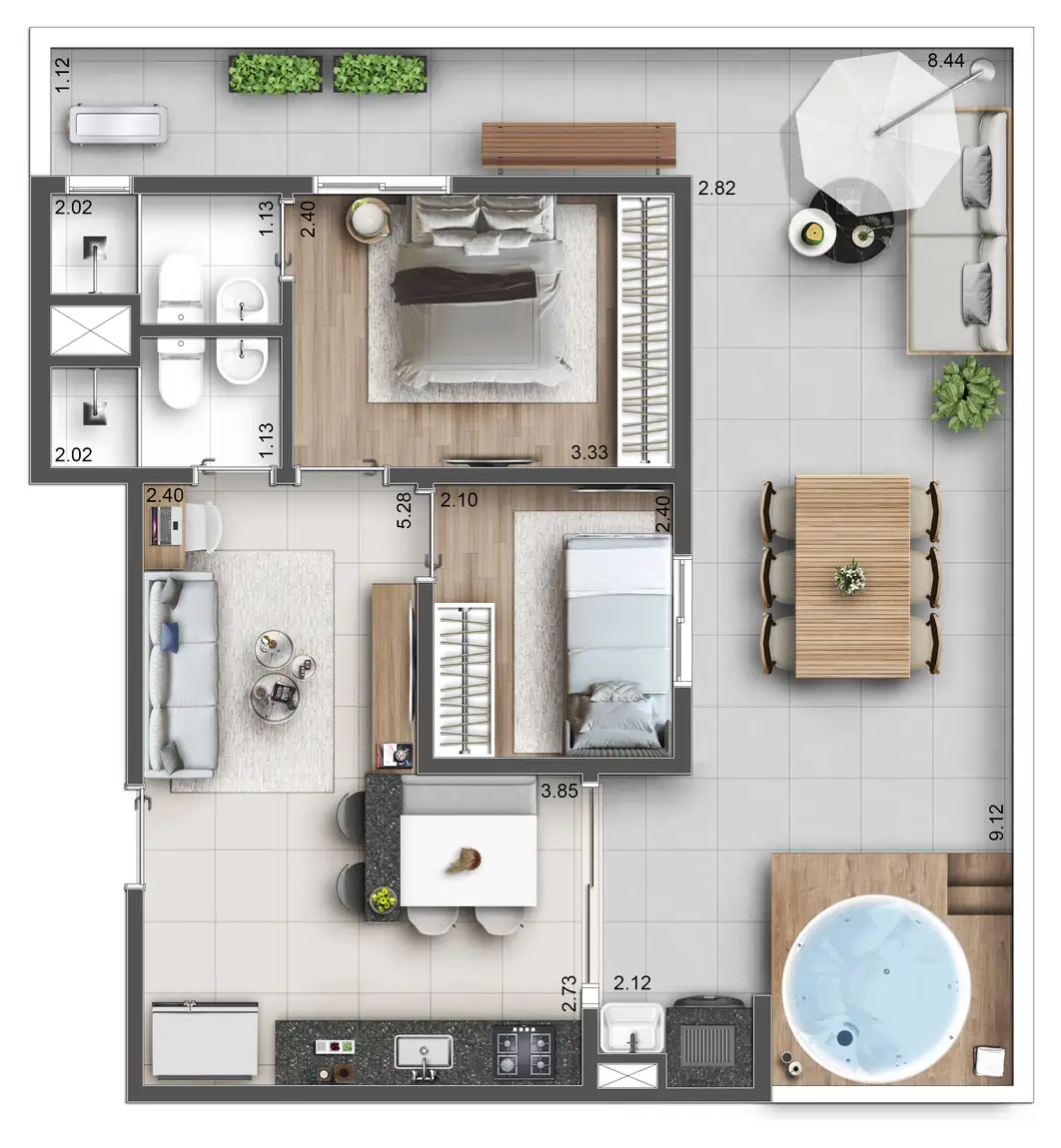 Planta ilustrativa de 77 m², 2 dorms com suíte · garden, do Hug Serenity Dom Bosco