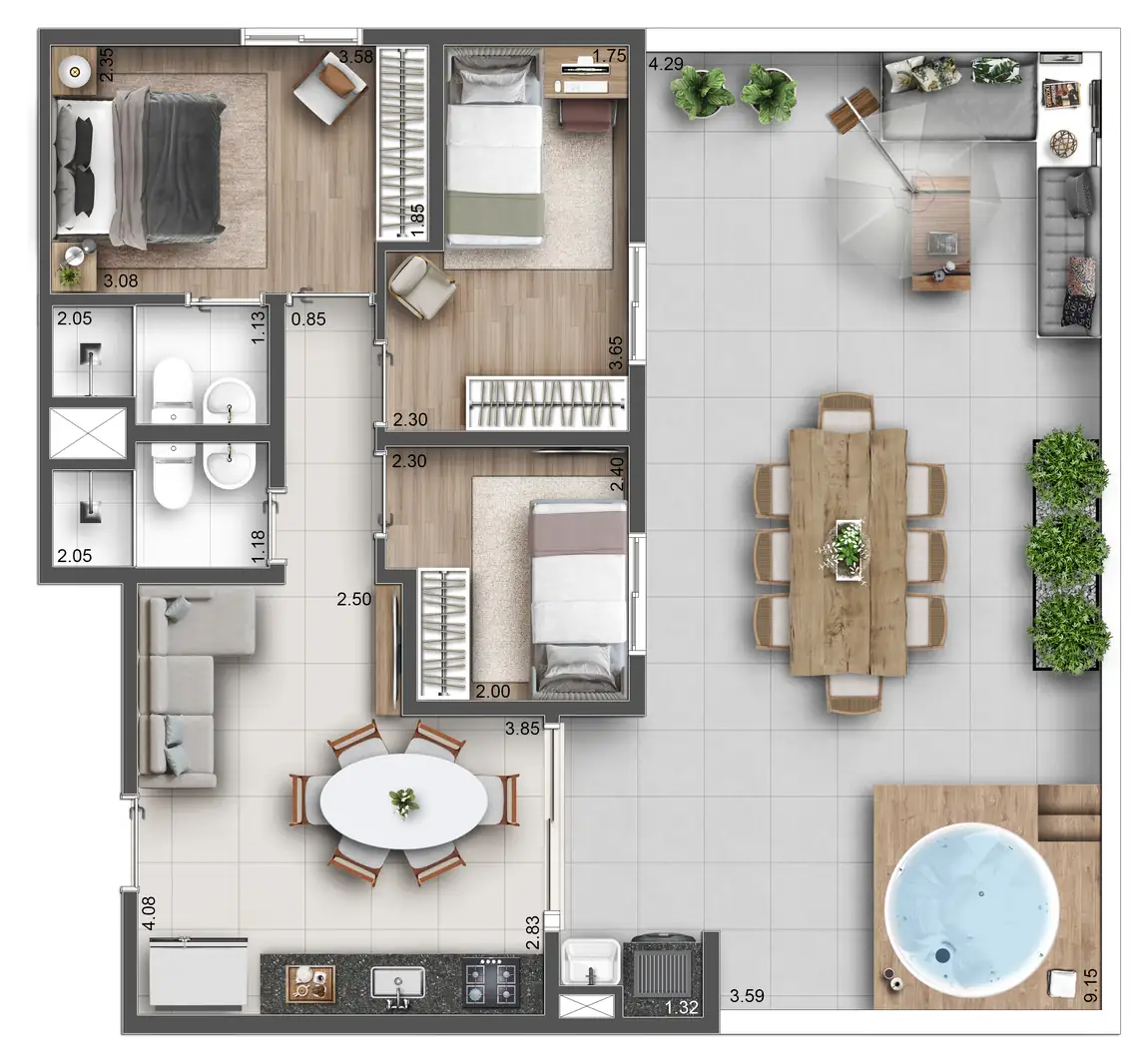 Planta ilustrativa de 92 m², 3 dorms com suíte · garden, do Hug Serenity Dom Bosco