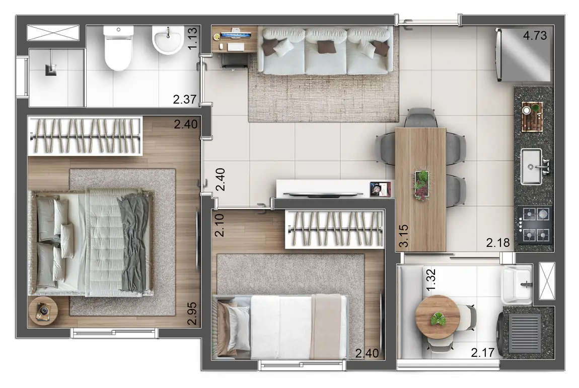 Planta ilustrativa de 35 m², 2 dorms, do Hug Serenity Dom Bosco