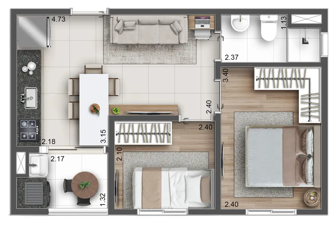 Planta ilustrativa de 36 m², 2 dorms, do Hug Serenity Dom Bosco