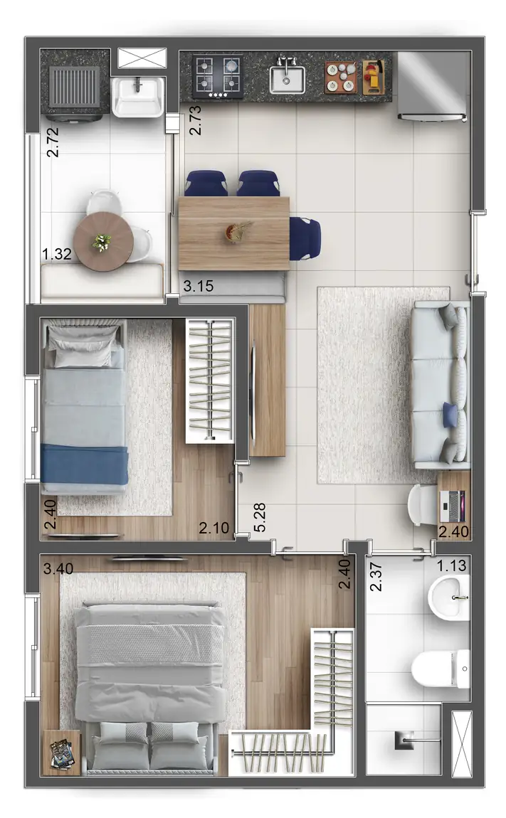 Planta ilustrativa de 39 m², 2 dorms, do Hug Serenity Dom Bosco