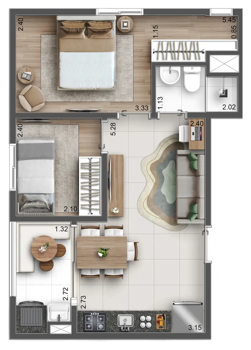 Planta ilustrativa de 41 m², 2 dorms com closet, do Hug Serenity Dom Bosco