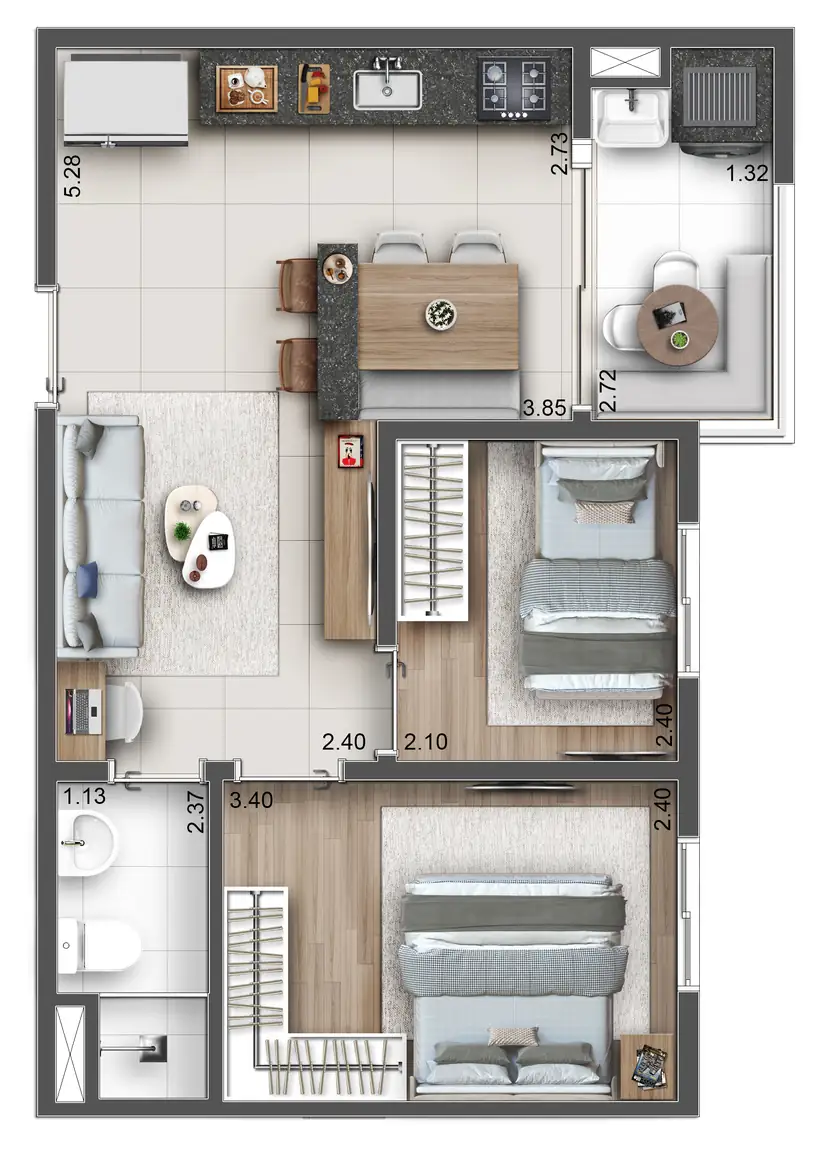 Planta ilustrativa de 41 m², 2 dorms, do Hug Serenity Dom Bosco