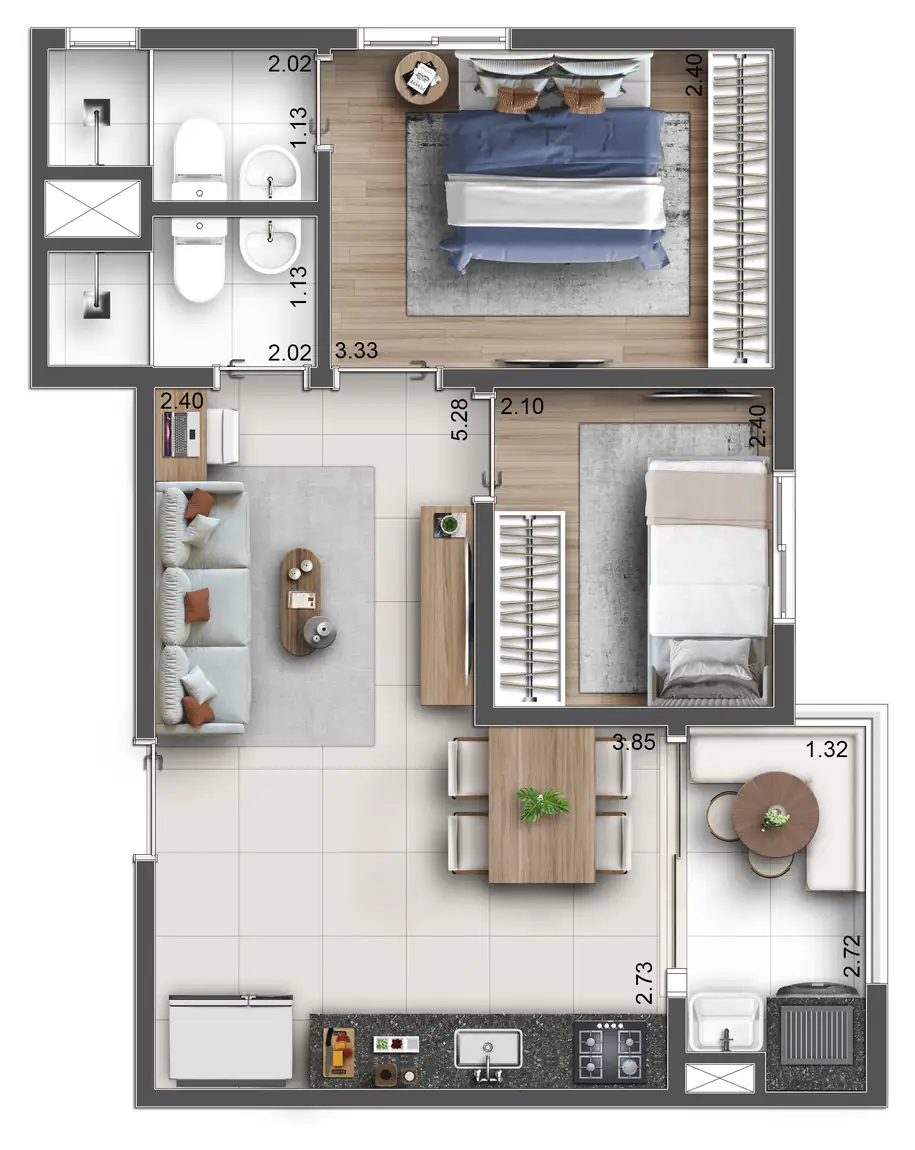 Planta ilustrativa de 43 m², 2 dorms com suíte, do Hug Serenity Dom Bosco