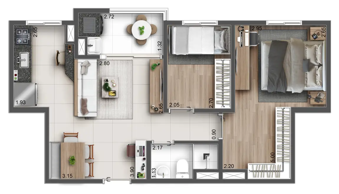 Planta ilustrativa de 49 m², 2 dorms com closet, do Hug Serenity Dom Bosco