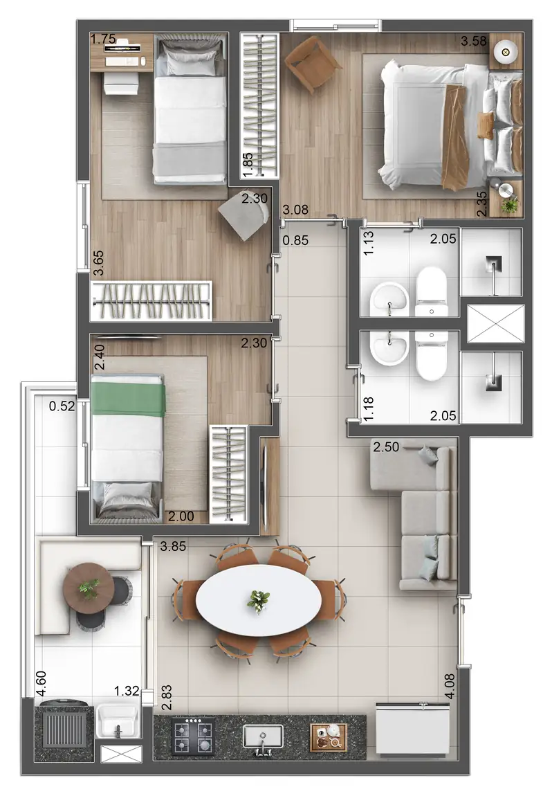 Planta ilustrativa de 53 m², 3 dorms com suíte, do Hug Serenity Dom Bosco